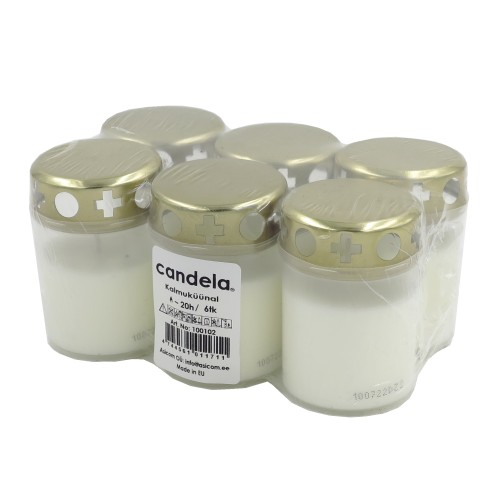 Grave candles with caps set of 6, burning time ~20h, white