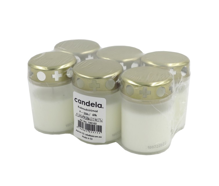 Grave candles with caps set of 6, burning time ~20h, white