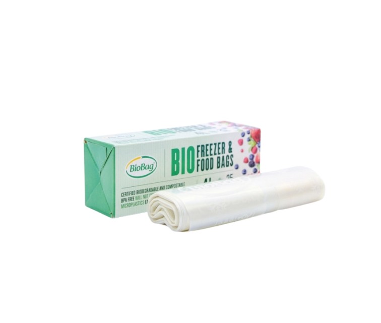 Pārtikas saldējamie maisi kompostējami BioBag 4L (25 gab. rullī) 18mkr. 24x40cm caurspīdīgi Pārtikas saldējamie maisi kompostējami BioBag 4L (25 gab. rullī) 18mkr. 24x40cm caurspīdīgi