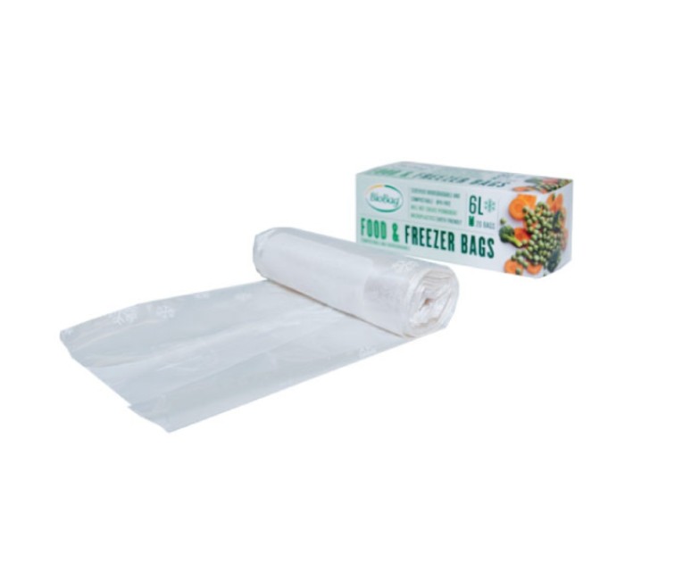 Pārtikas saldējamie maisi kompostējami BioBag 6L (20 gab. rullī) 18mkr. 24x50cm caurspīdīgi