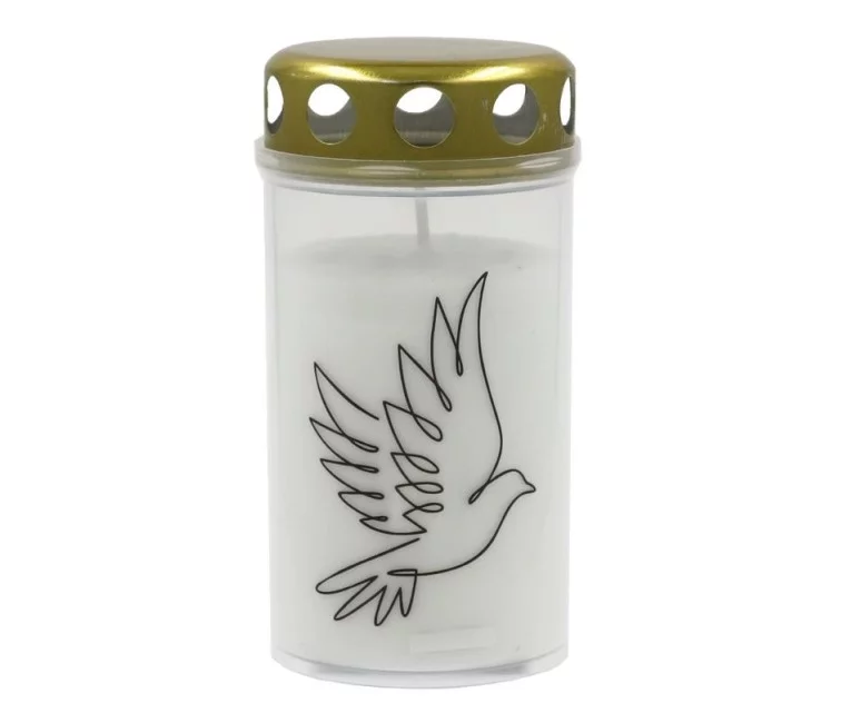 Grave candle with cap 5,6x11,5cm, burning time ~40h, white with mix print Grave candle with cap 5,6x11,5cm, burning time ~40h, white with mix print