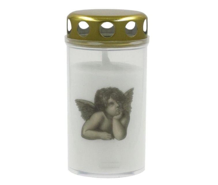 Grave candle with cap 5,6x11,5cm, burning time ~40h, white with angel print
