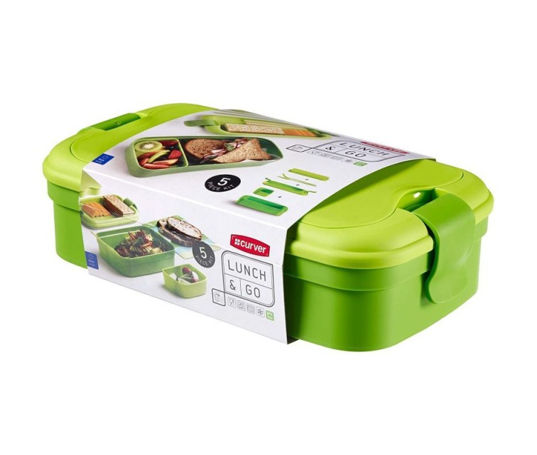 Food bowl rectangle with cutlery 1,4L Lunch&Go green