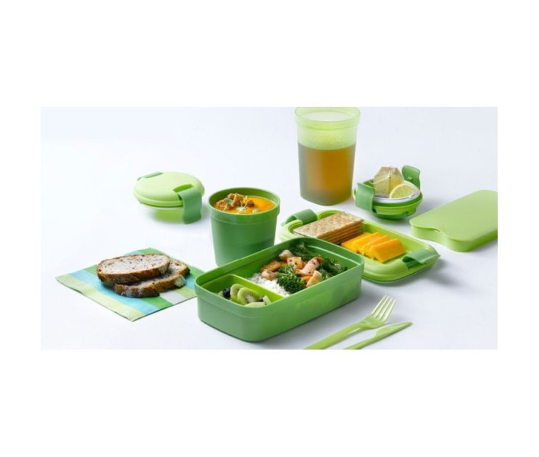 Pārtikas trauks taisnstūris ar galda piederumiem 1,4L Lunch&Go zaļš