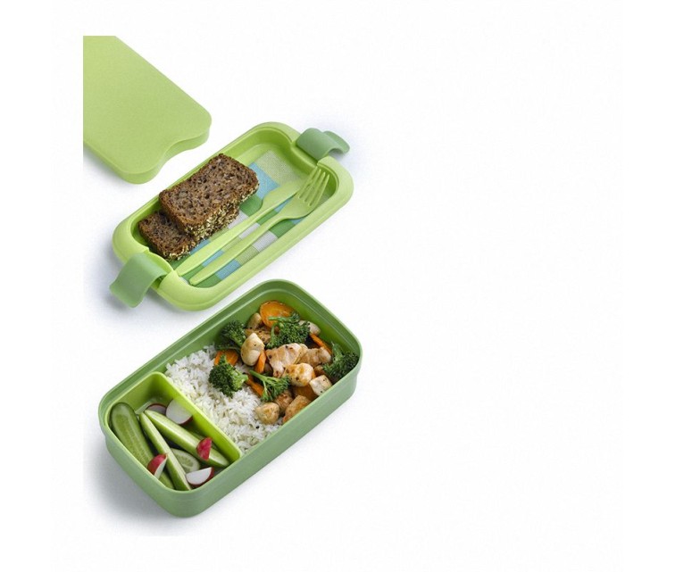 Food bowl rectangle with cutlery 1,4L Lunch&Go green