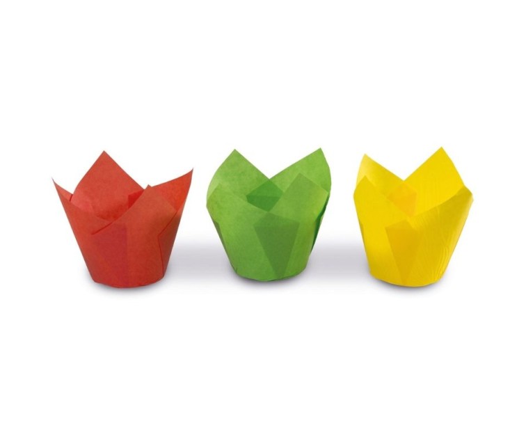 Tulip shaped paper cupcake tins 12 pcs coloured Easy Bake Ø 7.5 x 8 cm