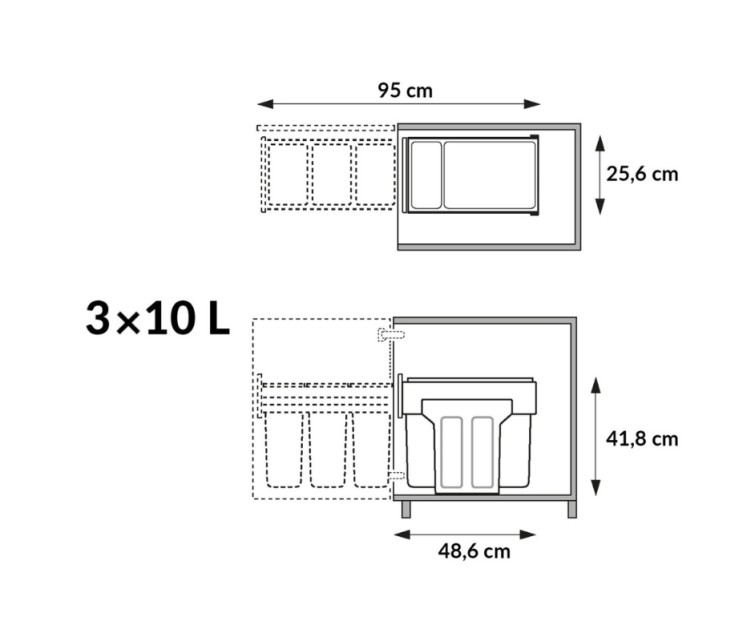 Atkritumu šķirošanas sistēma iebūvējamā EcoLine Design trio L / 3X10L / melna