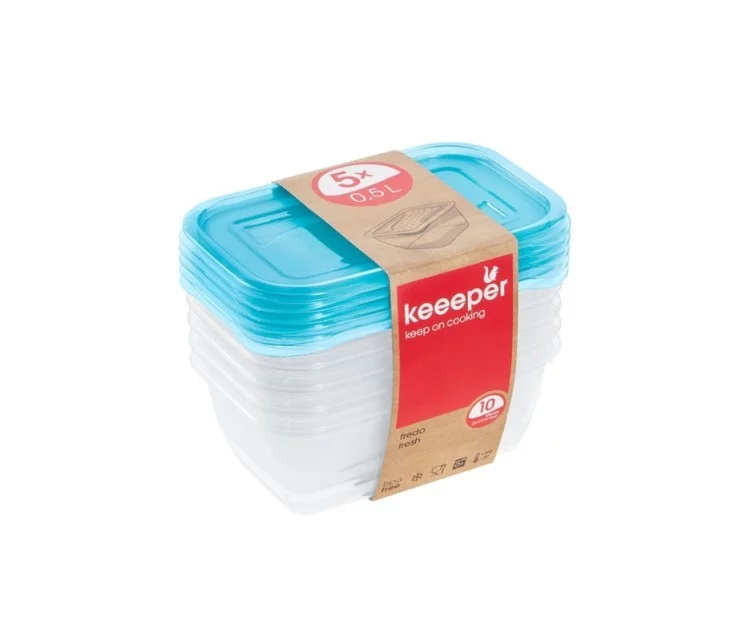 Pārtikas trauciņu komplekts taisnstūrveida 5x0,5L Fredo „Fresh“ caurspīdīgs/gaiši zils Pārtikas trauciņu komplekts taisnstūrveida 5x0,5L Fredo „Fresh“ caurspīdīgs/gaiši zils
