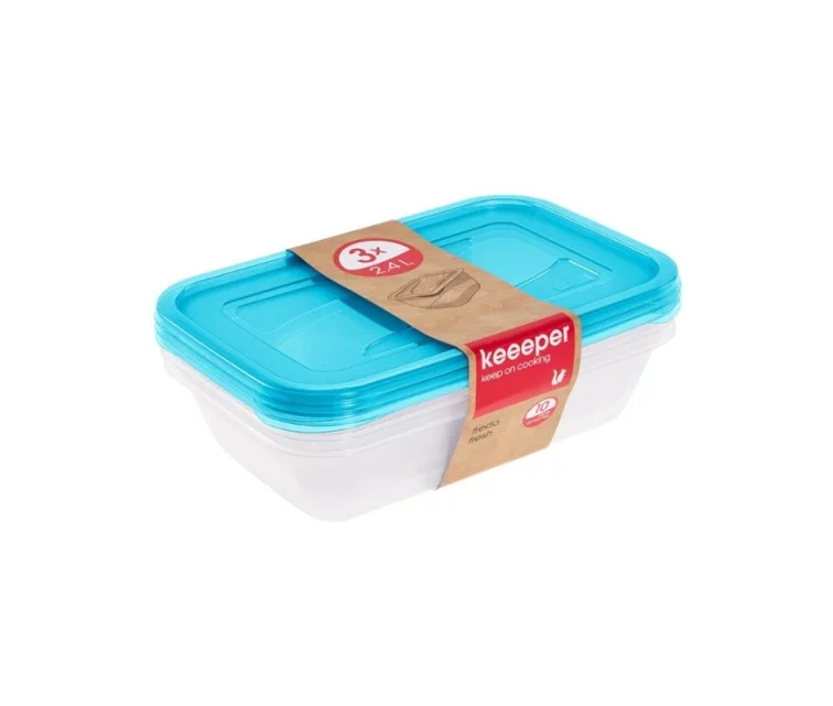 Pārtikas trauciņu komplekts taisnstūrveida 3x2,4L Fredo „Fresh“ caurspīdīgs/gaiši zils Pārtikas trauciņu komplekts taisnstūrveida 3x2,4L Fredo „Fresh“ caurspīdīgs/gaiši zils
