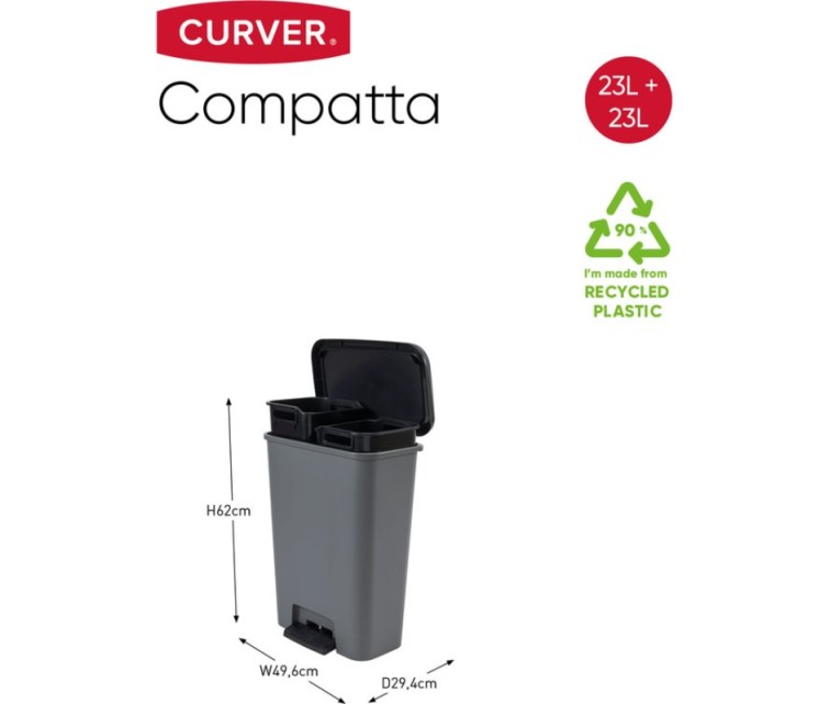 Pedāļspainis atkritumu šķirošanai Compatta Duo 23+23L tumši pelēks/melns