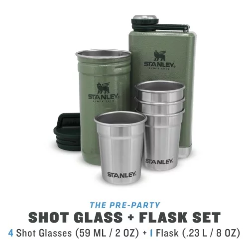 Dāvanu komplekts The Pre-Party Shot Glass + Flask Set, degvīna glāzītes 4gb 50mL un blašķe 0,23L zaļš