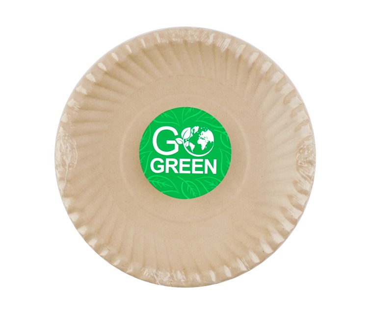 Compostable sugar cane plates with Go Green pattern Ø23cm 10 pcs/0,15kg