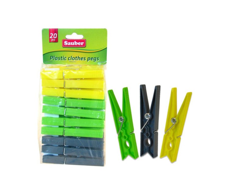 Plastic laundry hooks 20pcs green/yellow/grey