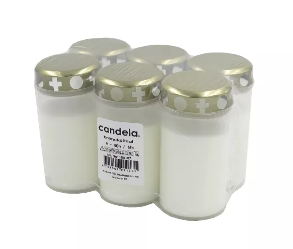 Grave candles with caps set of 6, burning time ~40h, white