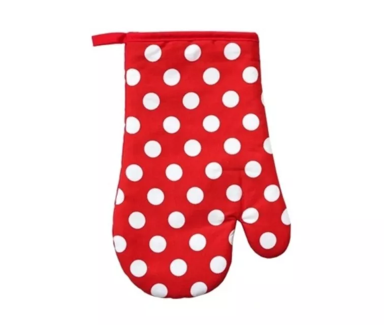 Karščiui atsparios pirštinės, raudonos su baltais taškeliais