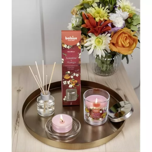 Aromatinė žvakė. Stiklinė. „Flower Fusion“ Ø80x72mm. Jazminų ir mangų.