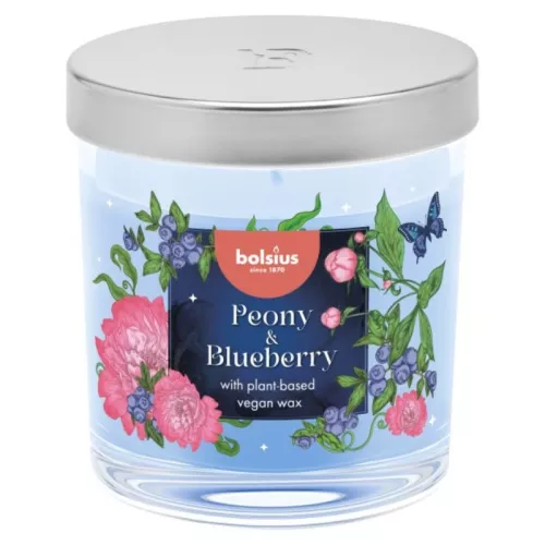 Aromatinė žvakė. Stiklinė. „Floral Fusion“ Ø80x72mm, bijūnas ir mėlynės.