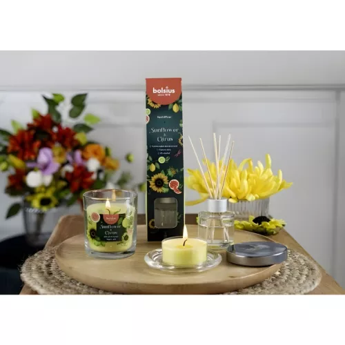 Aromatinė žvakė. Stiklinė. „Floral Fusion“ Ø80x72mm. Saulėgrąžų ir citrusinių vaisių.