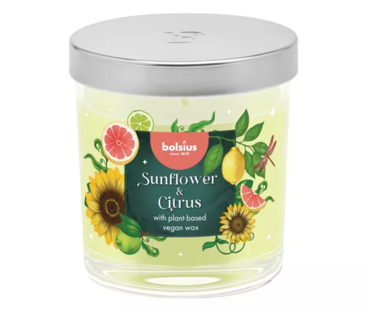 Aromatinė žvakė. Stiklinė. „Floral Fusion“ Ø80x72mm. Saulėgrąžų ir citrusinių vaisių.