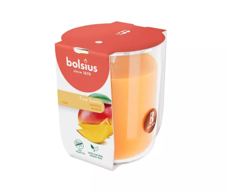 Žvakių kvapo stiklinis indelis „True Scents“ Ø80x73mm, mango spalvos