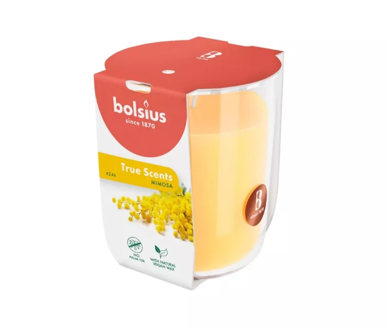 Žvakių kvapo stiklinis indelis „True Scents“ Ø80x73mm, mimosa