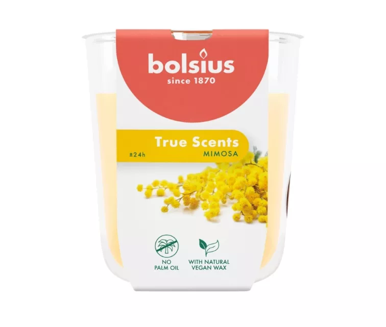 Žvakių kvapo stiklinis indelis „True Scents“ Ø80x73mm, mimosa