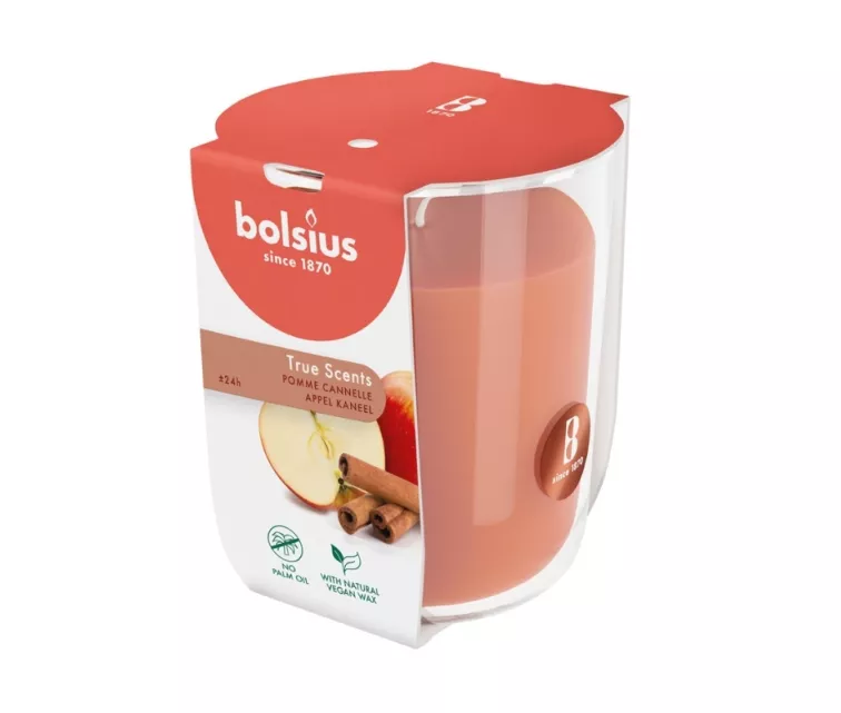 Aromatinė žvakė. Stiklinė. „True Scents“ Ø80x73mm, obuolių ir cinamono skonio.