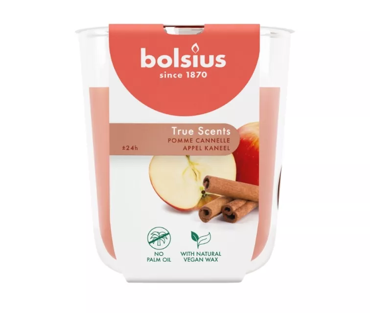 Aromatinė žvakė. Stiklinė. „True Scents“ Ø80x73mm, obuolių ir cinamono skonio.