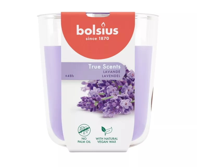Žvakių kvapo stiklinis indelis „True Scents“ Ø97x85mm, levandų spalvos