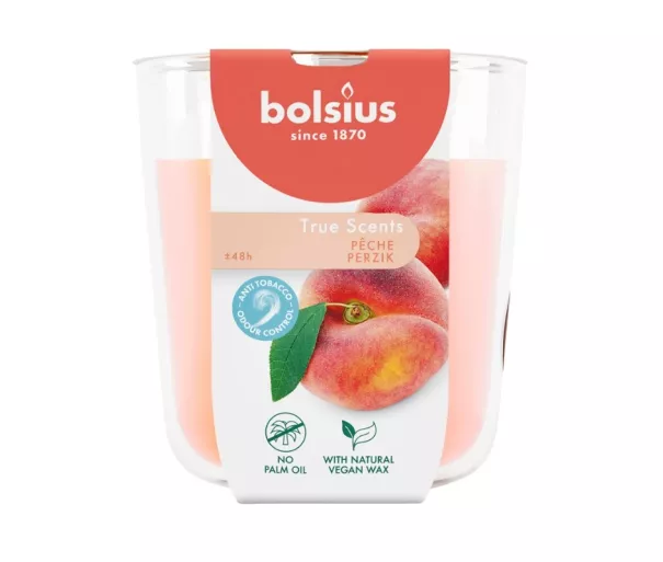 Ароматизированная свеча в стеклянном стакане True Scents, диаметр 97 x 85 мм, персиковый цвет.