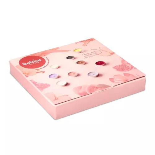 Dāvanu komplekts kastītē tējas sveces mix aromāti + stikla svečturi