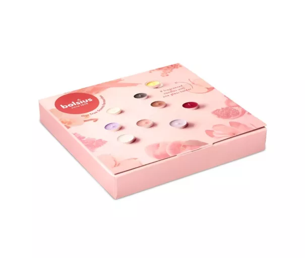 Dāvanu komplekts kastītē tējas sveces mix aromāti + stikla svečturi