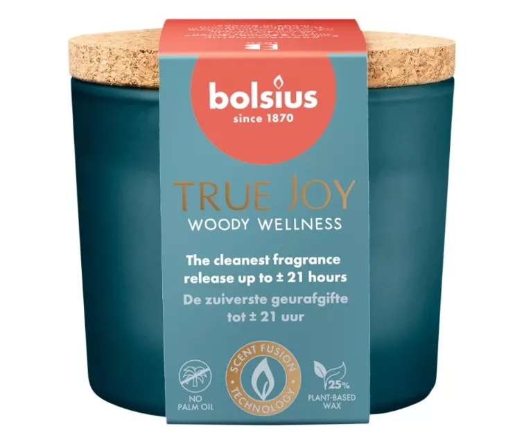 Svece arom. stikla gl. ar korķi True Joy Ø66x83mm woody wellness