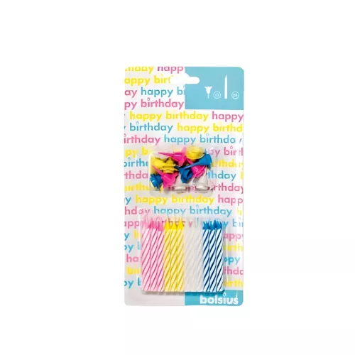 Žvakės tortui su laikikliais, 12 vnt., įvairiaspalvės