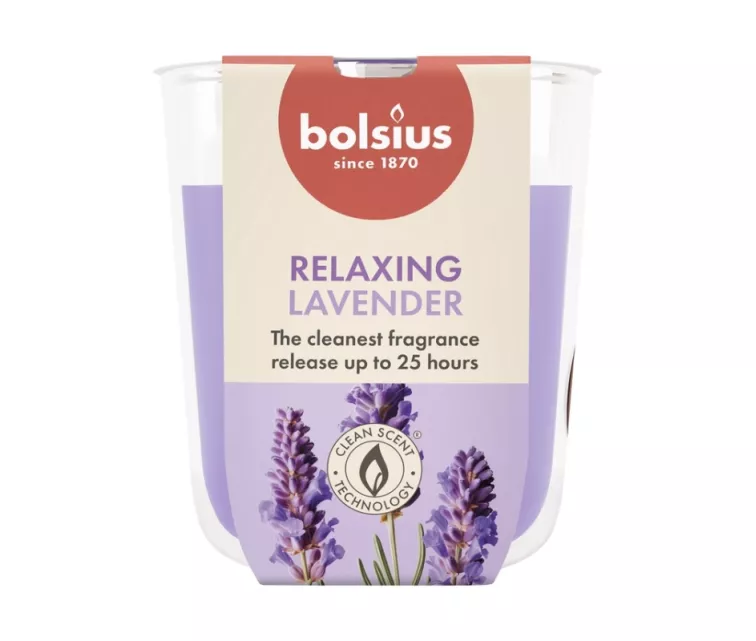 Žvakė su kvapu stiklinėje „True Scents“ Ø80x73mm, levandų spalvos