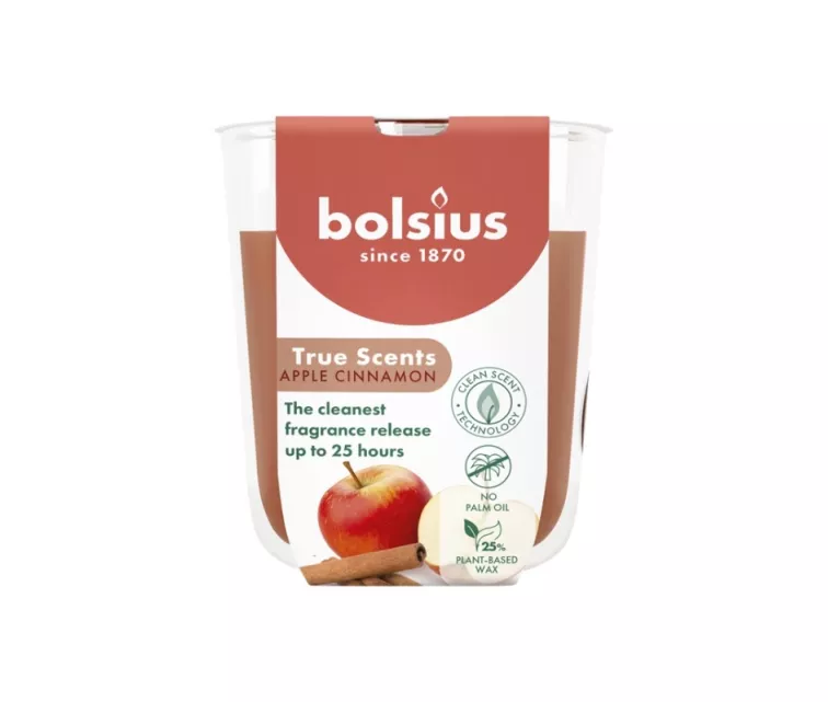 Aromatinė žvakė. Stiklinė. „True Scents“ Ø80x73mm, obuolių ir cinamono skonio.