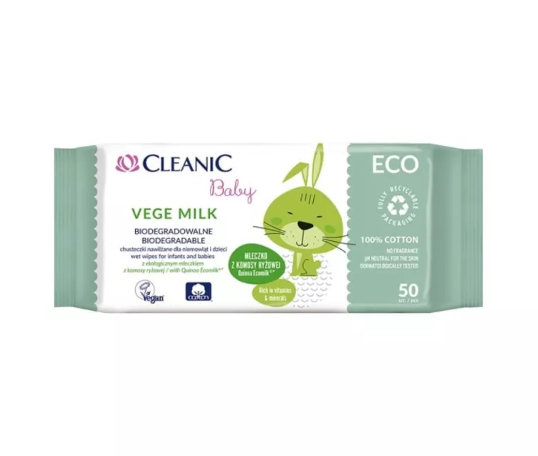 Mitrās salvetes mazuļiem Cleanic Baby Eco Vege Milk 50 gab.