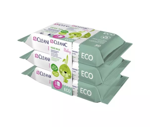 Niisked salvrätikud beebidele Cleanic Baby Eco Vege Milk 3x50 tk.