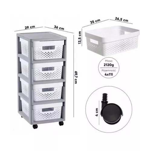 Chest of drawers on wheels with 4 perforated boxes 11L Infinity 30x36x69cm dark grey