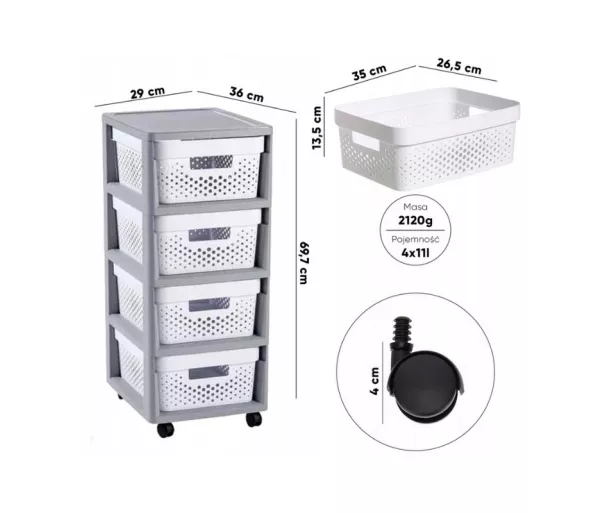 Chest of drawers on wheels with 4 perforated boxes 11L Infinity 30x36x69cm dark grey