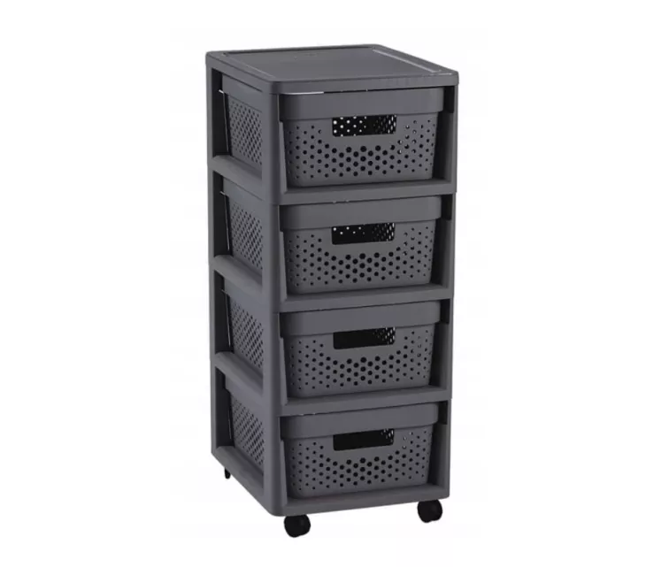 Komoda ant ratukų su 4 perforuotomis dėžėmis, 11 l, Infinity, 30x36x69 cm, tamsiai pilka