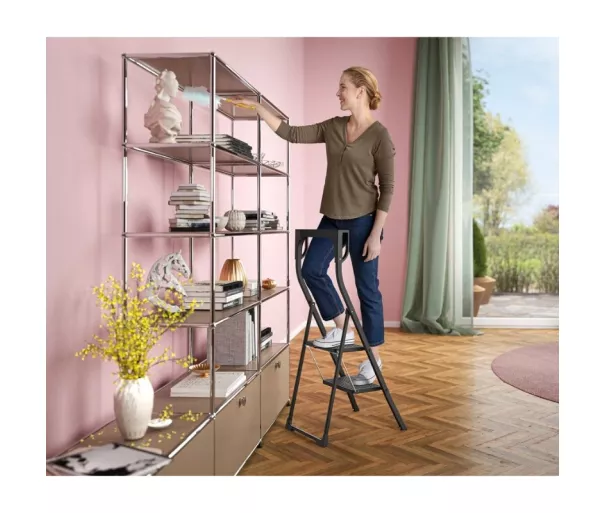 Folding step stool K77 ComfortLine / aluminum / 2 steps, safety handle / black