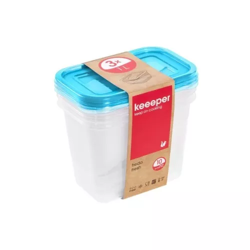 Set of food containers rectangular 3x1L Fredo "Fresh" transparent/light blue