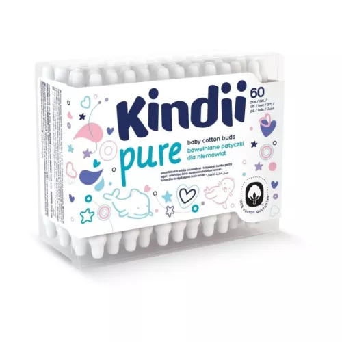 Cotton buds for babies Kindii Pure in a paper box with a plastic lid 60 pcs.