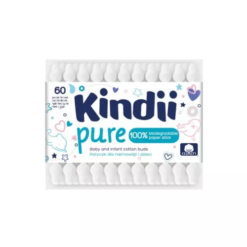 Cotton buds for babies Kindii Pure in a paper box with a plastic lid 60 pcs.