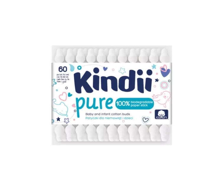 Cotton buds for babies Kindii Pure in a paper box with a plastic lid 60 pcs.