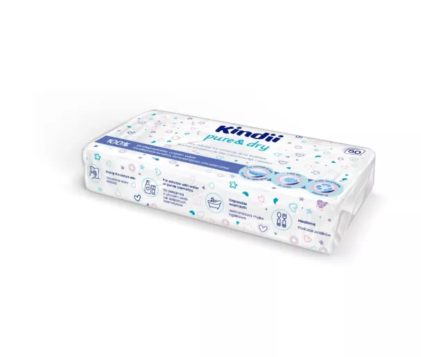 Сухие салфетки для младенцев Kindii Pure&Dry, 50 шт., 20x20 см.