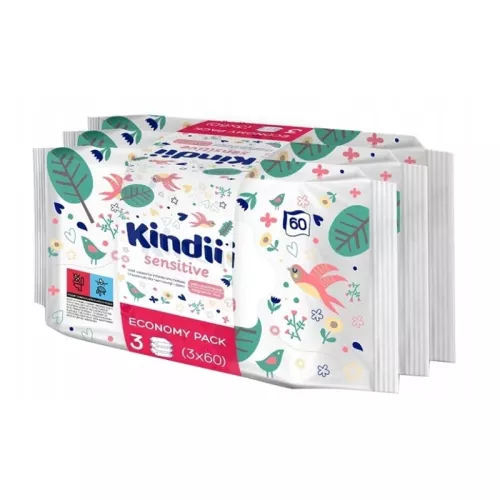 Wet wipes set for babies Kindii Sensitive 3x60 pcs.