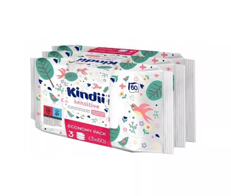 Wet wipes set for babies Kindii Sensitive 3x60 pcs.
