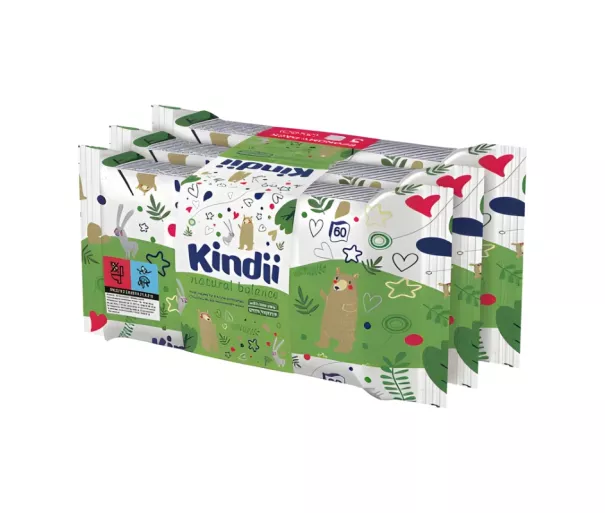 Drėgnos servetėlės ​​kūdikiams „Kindii Natural Balance“ 3x60 vnt.